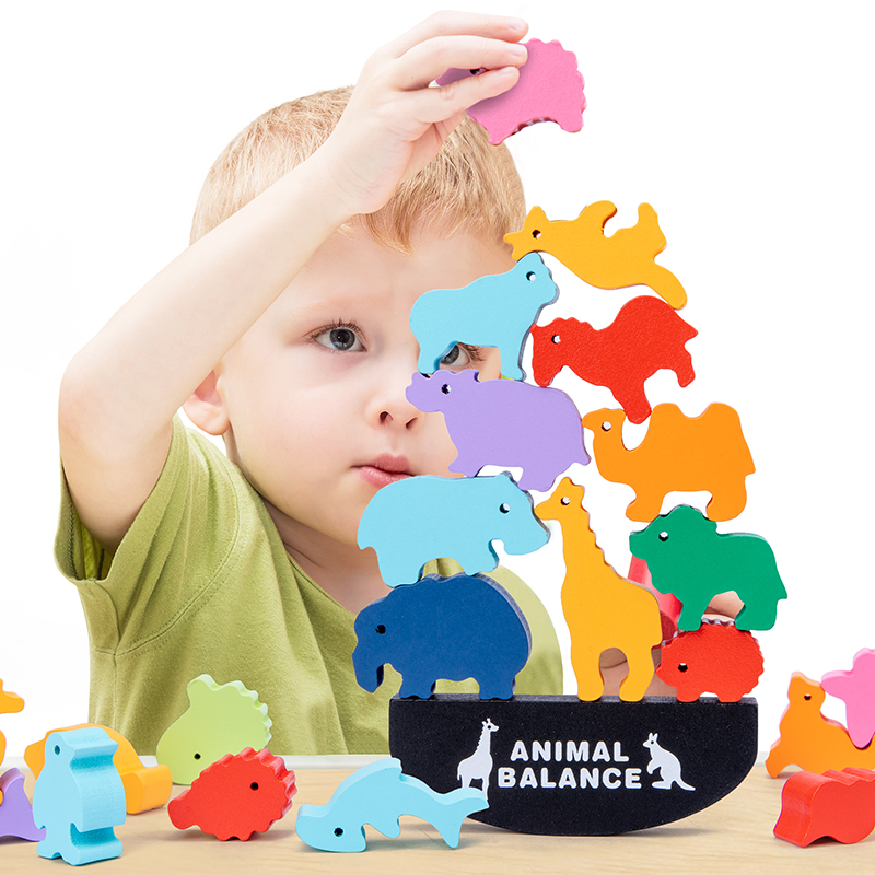 Wooden Blocks Stacking - Montessori Children Wooden Animal Balance Blocks