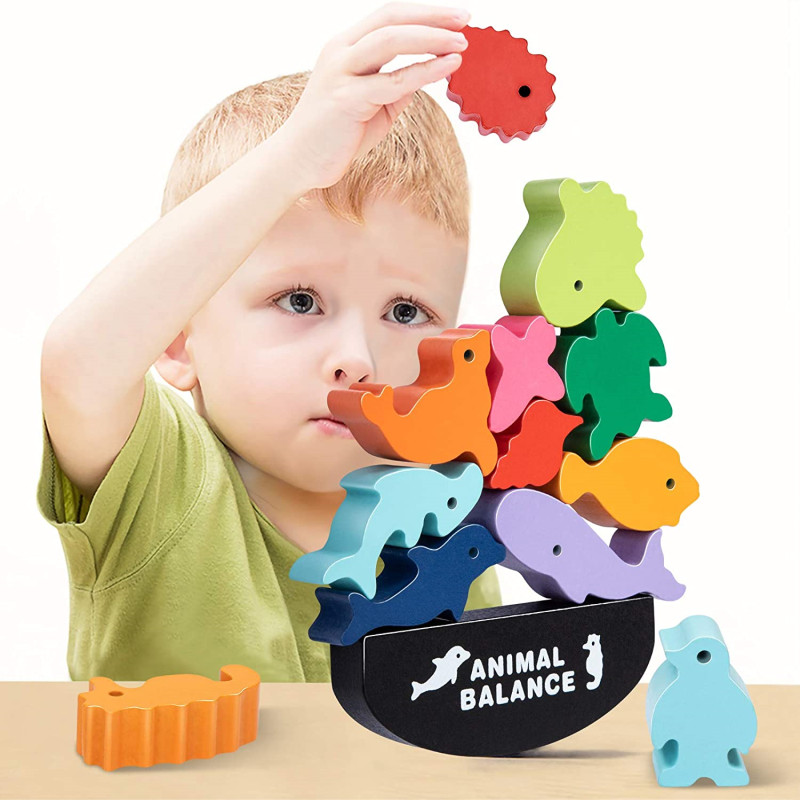 Wooden Blocks Stacking - New Children Montessori Wooden Animal Balance